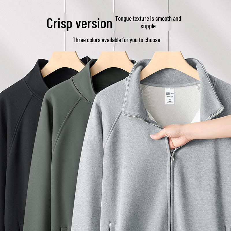 Men's 420g Heavyweight Stand-up Collar Zipper Hoodie - Gray, Spring/Autumn, Loose Fit, Versatile Cardigan.