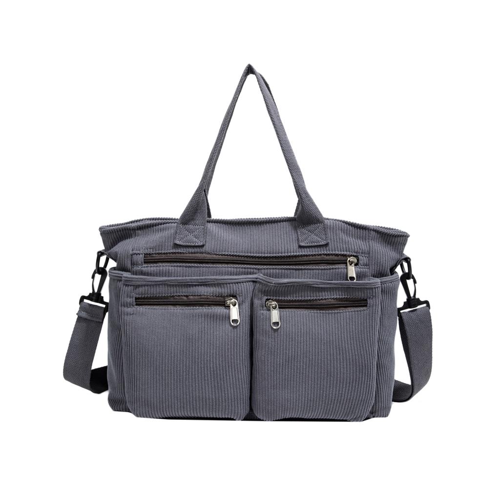 Large Capacity Corduroy Shoulder Bag for Women – Multi-Pocket Tote with Zipper Compartments and Stylish Design