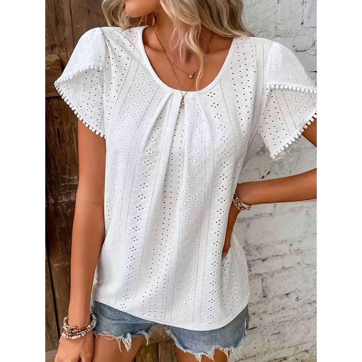 

Summer New Solid Color Ruched Crew Neck Short Sleeve T-Shirt, Casual Tops for Women, European American Crossborder Apparel S белый