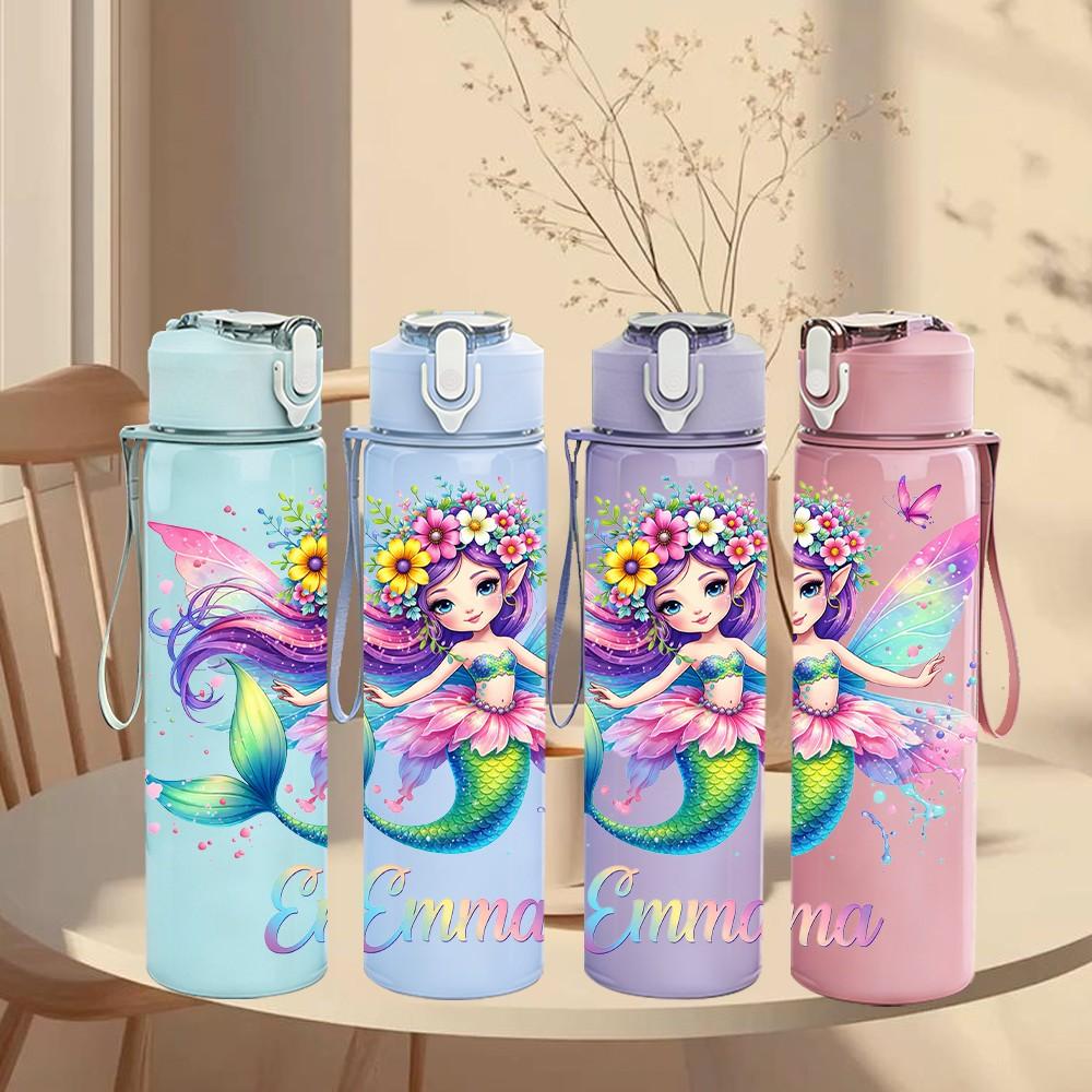 1PC Emma Mermaid Colorful Fantasy Art 750ml Color Plastic Sports Water Bottle Leakproof Flip Straw Lid Suitable for Sports Office Home Use