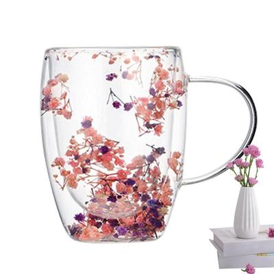 Torkad Blomma Dubbelväggig Glasmugg Floral Torkade Blommor Kopp Dekorativ Kreativ Blommugg Kaffemugg med Torkade Blommor