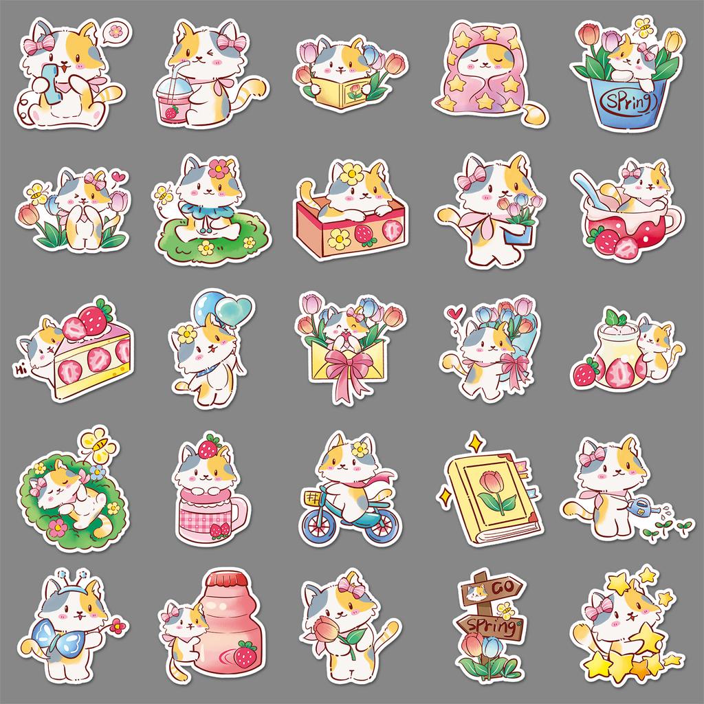 50 Spring Kitten Doodle Stickers Cartoon Cute Creative Decorative Water Cup Mobile Phone Small Mochi Stickers