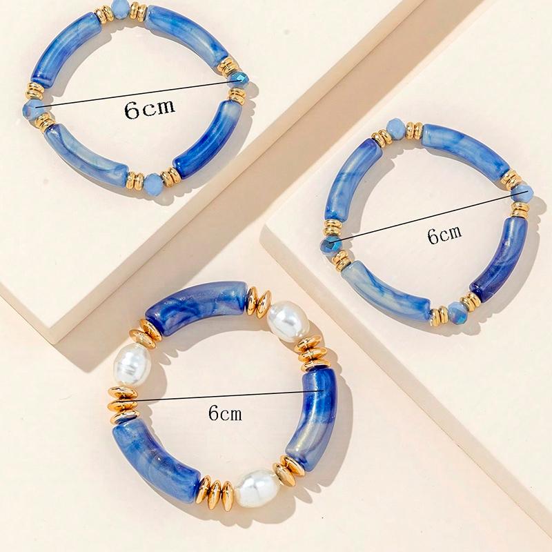 3PCS Set Vintage Design Resin Elastic Bracelet Blue Bamboo Gold Color Spacer Pearl Bracelet Pink Green Coffee Color Option