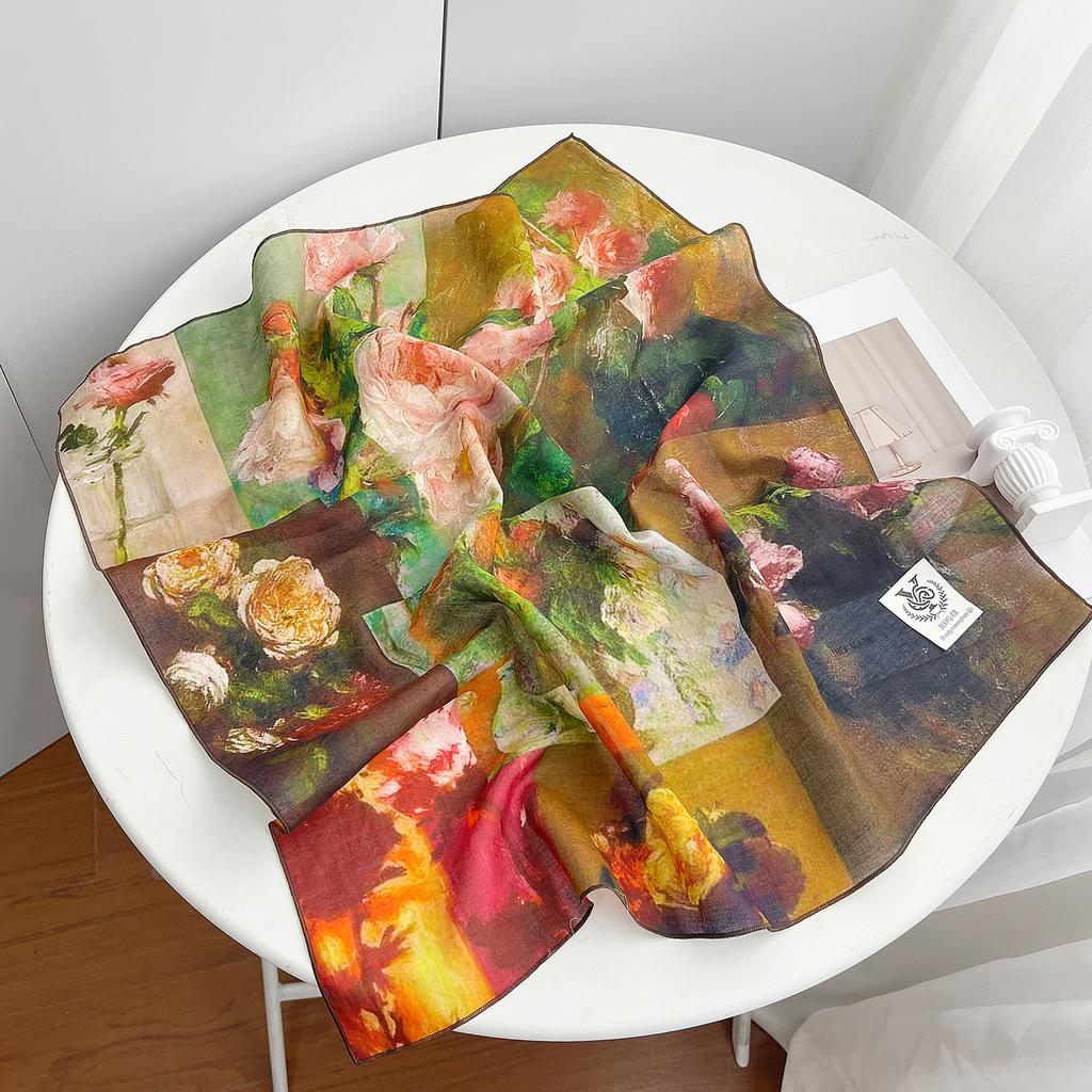 New Korean Version Retro Flower Pure Cotton Small Square Scarf Women's Summer Thin Versatile Decorative Scarf Silk Scarf Small Shawl