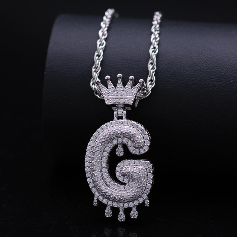 Stylish Hip Hop Zircon Crown Pendant Necklace with 26 English Letters for Women