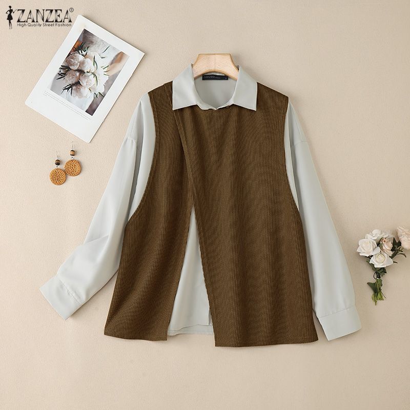 ZANZEA Women Casual Turn Down Collar Patchwork Loose Long Sleeve Blouse