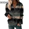 Striped Zipper V-Neck High Street Woman Long Sleeved Sweatshirt Autumn Color Blocked Printed Women's Tops Loose Casual Clothes