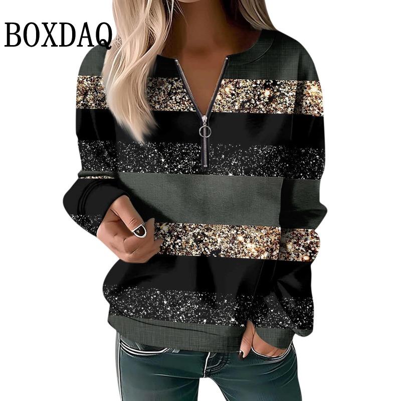 Striped Zipper V-Neck High Street Woman Long Sleeved Sweatshirt Autumn Color Blocked Printed Women's Tops Loose Casual Clothes