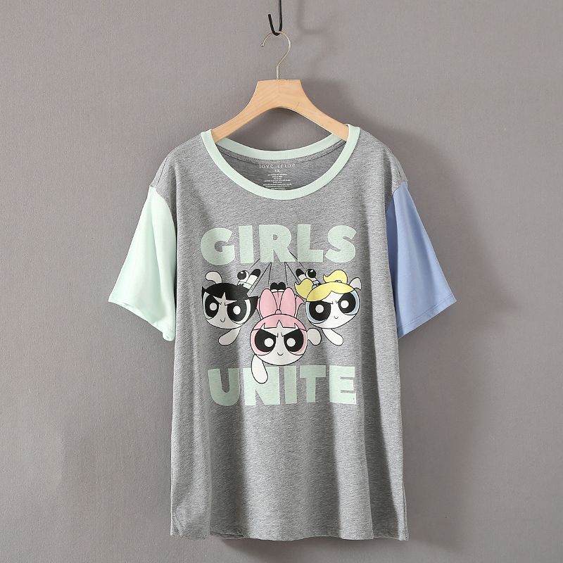 

European and American-Style Anime Print Short-Sleeved T-shirt 200 Summer Clothes Grey 1X