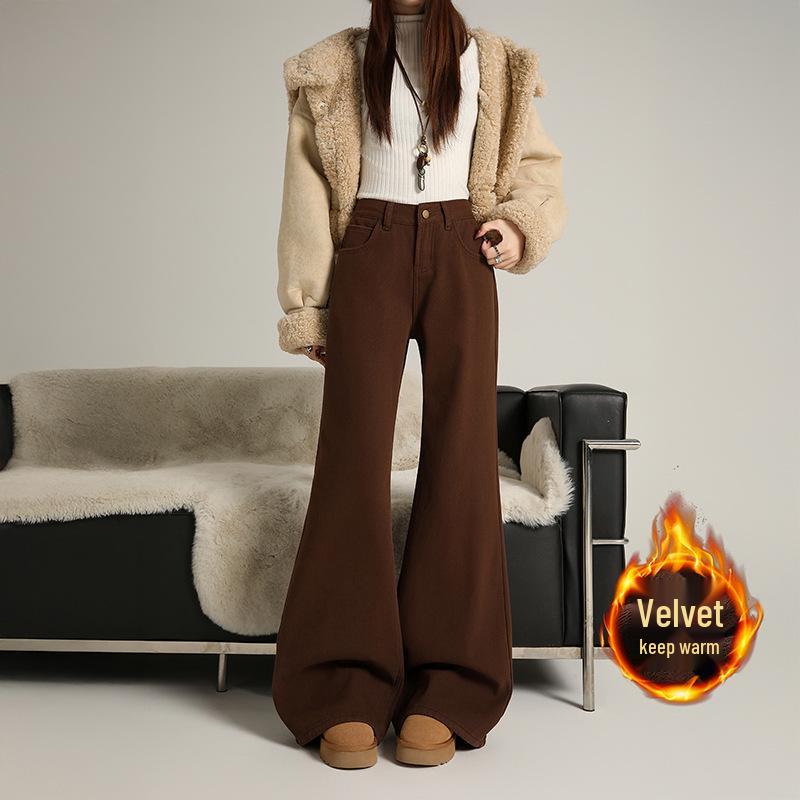Khaki Micro-Flare Velvet-Lined Mid-Waist Slim-Fit Jeans for Women