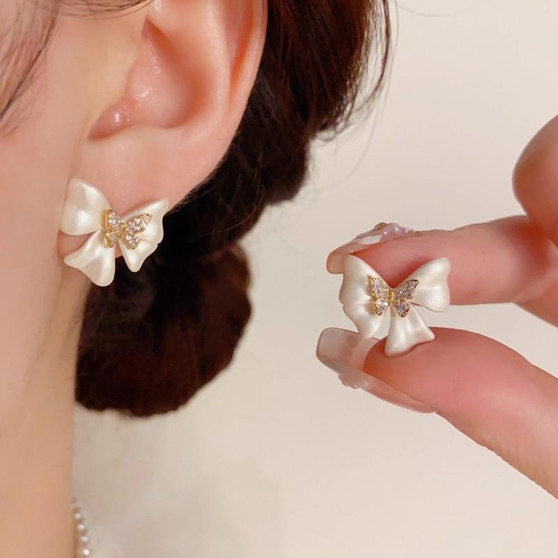 French Gentle and Sweet White Bow Stud Earrings Women's Light Luxury Earrings Ears