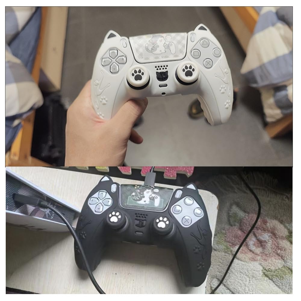 Protective Cover for PS5 Cat Ear Silicone with Stickers and Rocker Caps Controller, Case, Non-Slip, Sweat-Resistant, Dust-Resistant, (White)