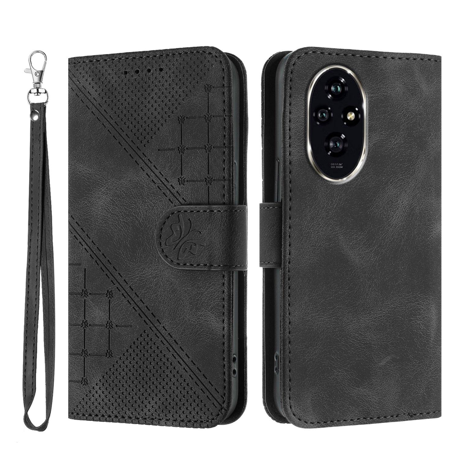 

For Honor 200 Pro 5G Leather Wallet Case Butterfly Flower Imprinted Phone Cover with Strap Black