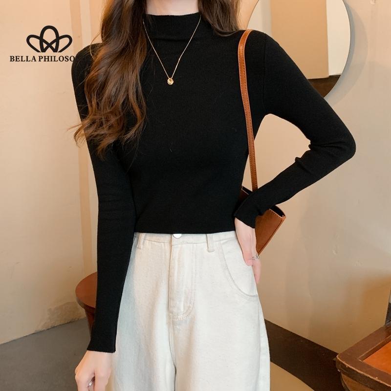 Nuevo invierno ajustado tejido de punto Color sólido cuello redondo señoras moda camisa por el trasero suéter mujer ropa