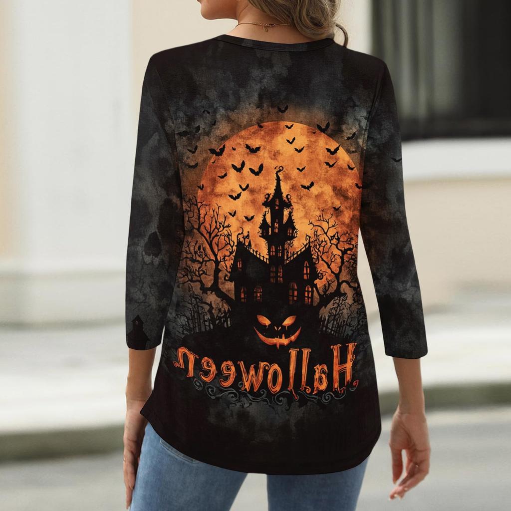 Women's Casual Halloween Print V Neck Button Front Three Quarter Sleeve T Shirt Top with Spooky Haunted House Design for Fall