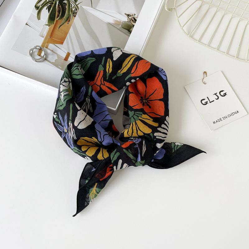 55 Cotton And Linen Headscarf Summer And Autumn Floral Silk Scarf Sweet Versatile Square Scarf Small Scarf Women'S Thin Decorative Silk Scarf