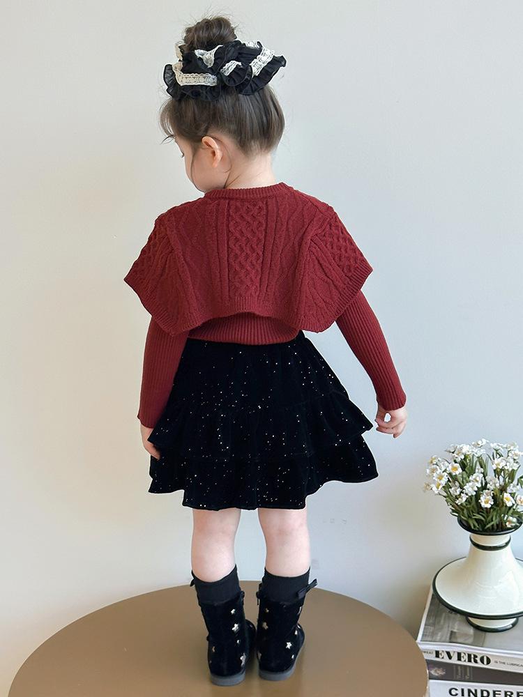 Girls' 2025 Autumn/Winter Knitted Cardigan and Velvet Skirt Set with Sweet Bow Cape
