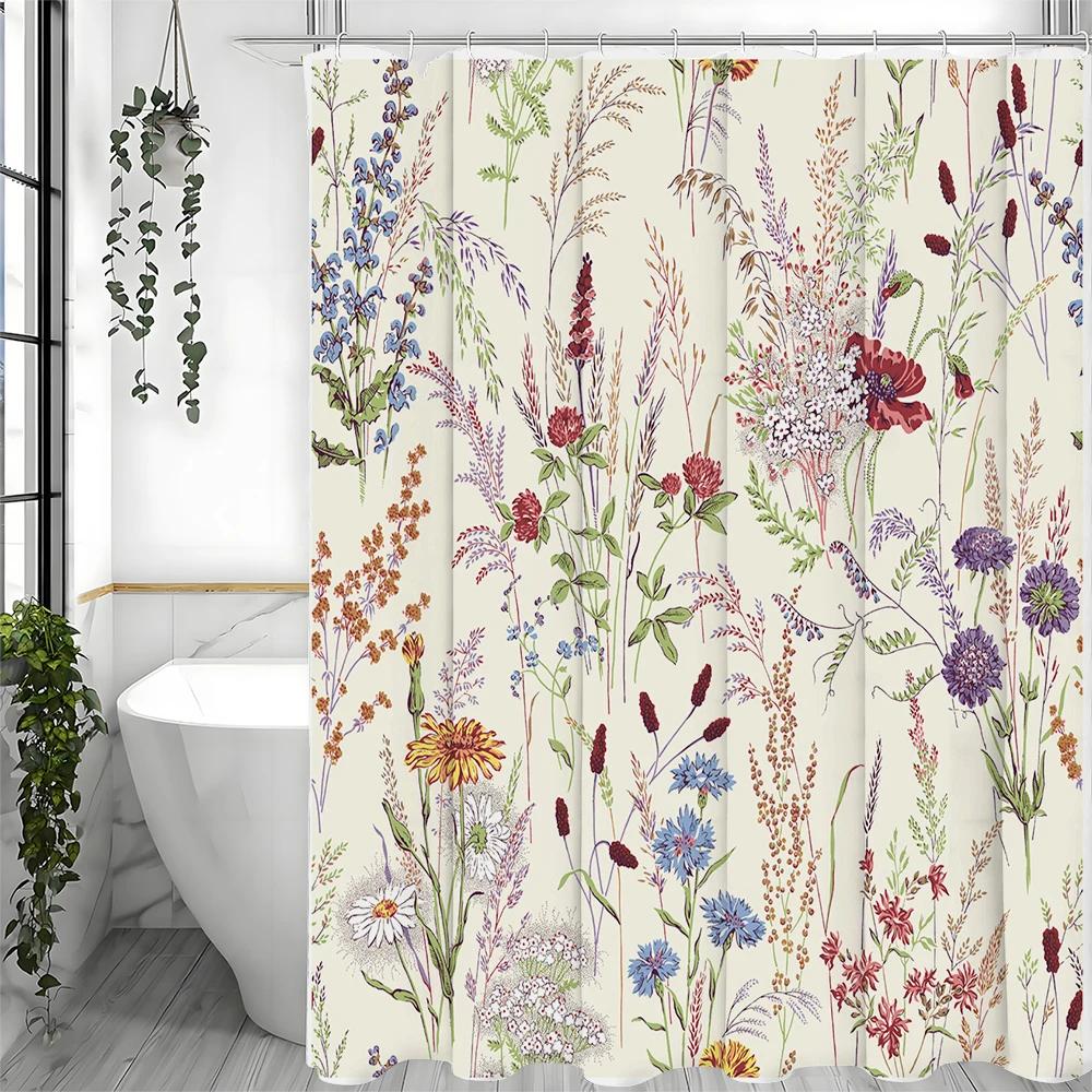 Elegant Wildflower Shower Curtain for a Nature-Inspired Bathroom, Featuring Vibrant Flowers and Herbs On a Soft Beige Background