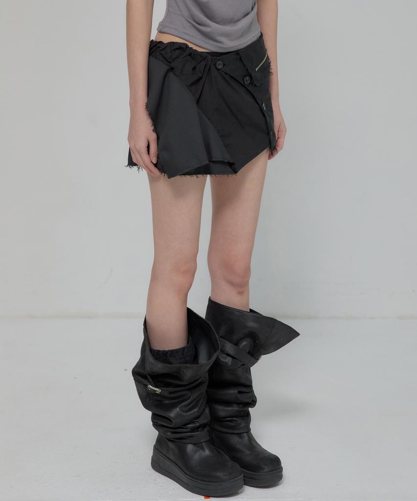 Peulleeoeob Asymmetrical Layered Mini Skirt (Fl-267_Black)