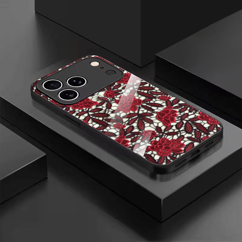 Red Floral Lace Pattern Glass phone case mobile phones for iphone 17 pro max cover for iPhone 17 16 15 14 13 12 11pm Pro Plus