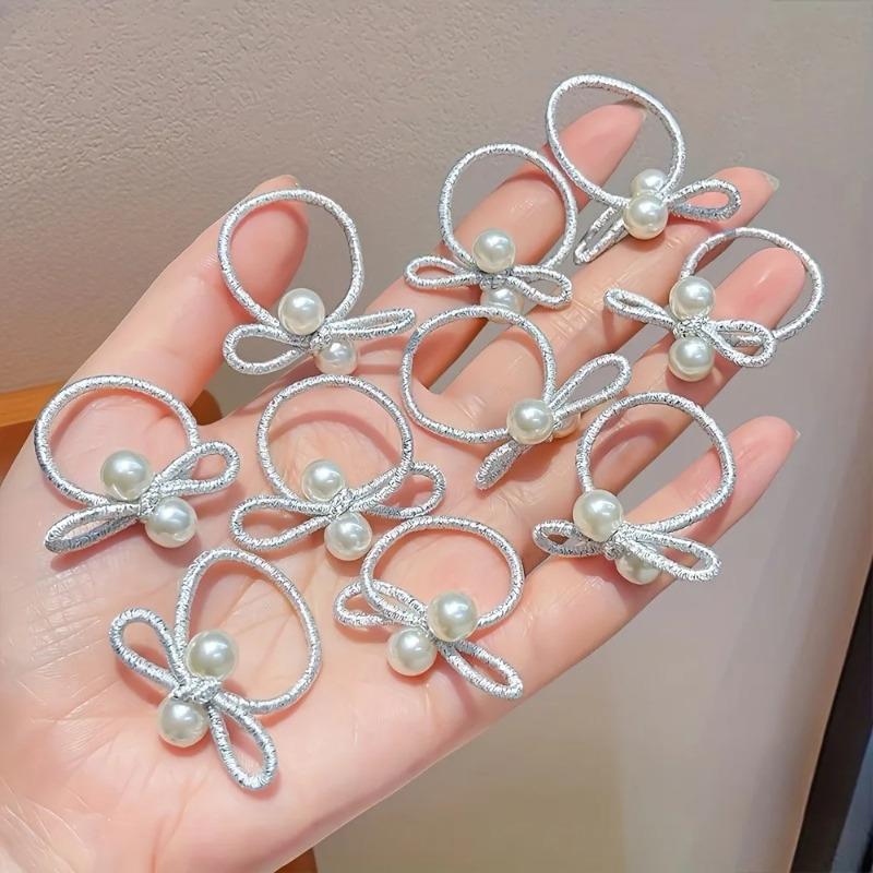 10pcs/set Girl's Sweet Silver Headband, Colorful Bow Tie, Elastic and Undamaged Headband, Cute Hair Accessory, Small Headband