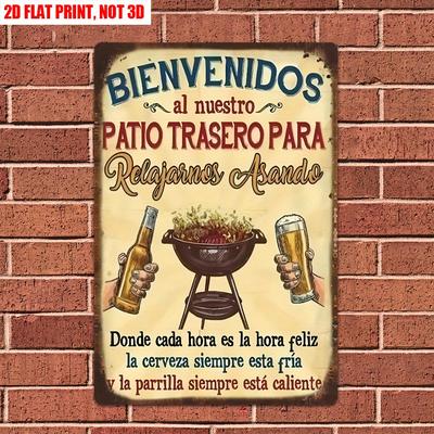 Vintage Metalowy Znak "Bienvenidos al nuestro Patio Trasero" - Rustykalna Dekoracja Ścienna Witająca na Grill, Wytrzymała Metalowa Tablica z Hiszpańskim Powitaniem