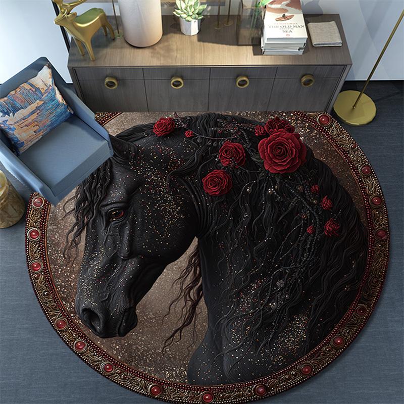 Schwarzes Pferd Runder Teppich, Teppich für Wohnzimmer Schlafzimmer Sofa Spielzimmer Dekor, Rutschfeste Fußmatte