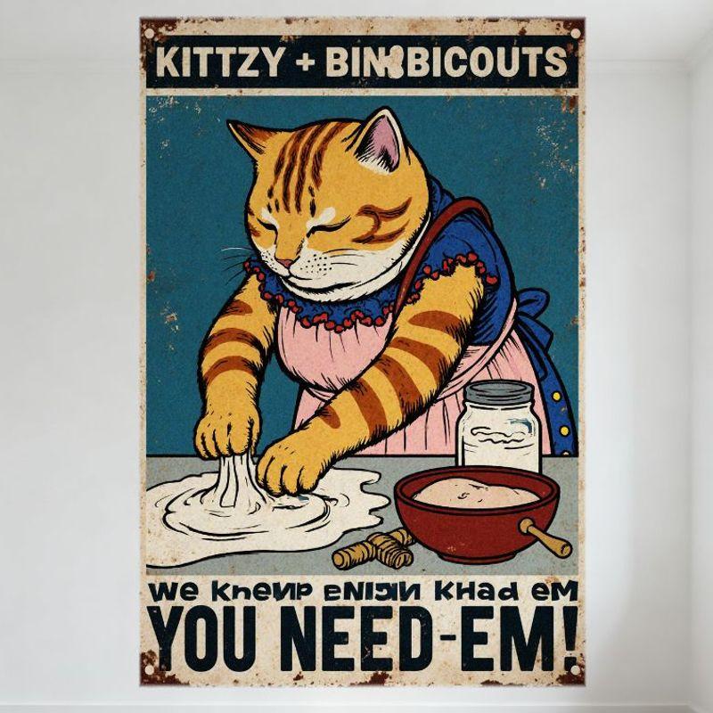 

Vintage Kittzy Cat Tin Sign Anthropomorphic Orange Tabby Kneading Dough Retro Mid-Century Metal Poster for Bar Pub Home Cafe Wal 20x30cm（7.8x11.8inch）