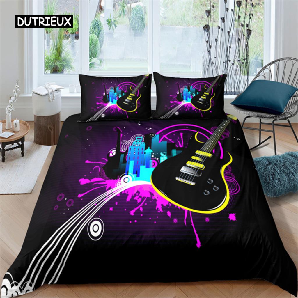 Guitar Queen Duvet Cover Rock Music Theme Bedding Set Grunge Color Splashed Brick Wall Background Electronic Guitar Mics Design