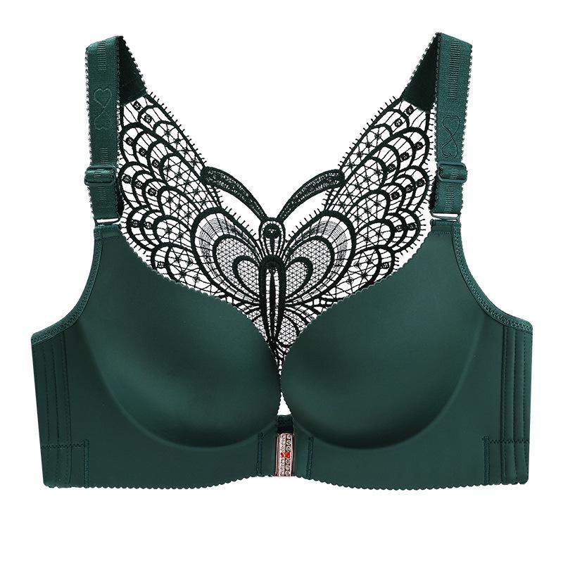 Woman Plus Size Front Buckle Leopard Grain Lace No Rims Lace Butterfly Beauty Back Adjustable Gathered Underwear