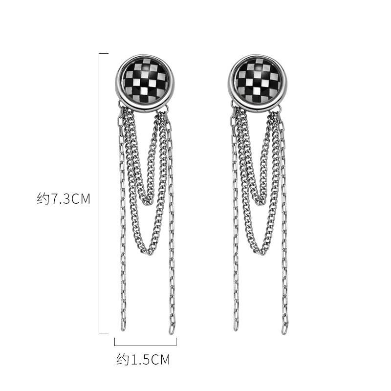 Black and white checkerboard tassel earrings temperament advanced sense 925 silver needle earrings sweet cool style personalized simple earrings