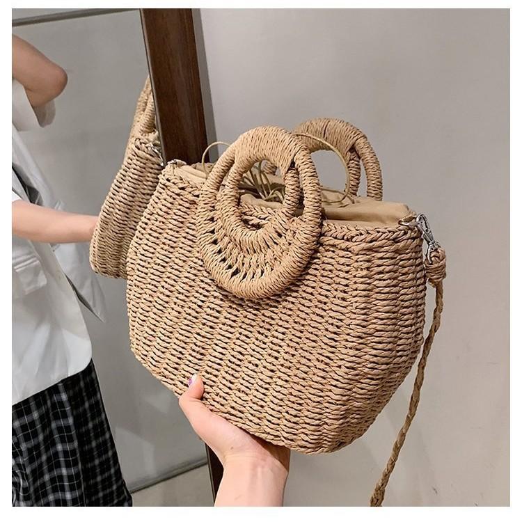 2025 New Round Bucket Straw Bag Diagonal Span Beach Bag Handbag Vegetable Basket Woven Bag Fashionable Pastoral Women's Bag