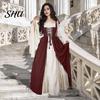 Maxi Dress 1 Set Women Shirring Edge Square Neck Tight Waist Flowy Sleeves Vintage Lace-up Patchwork Renaissance Medieval Court Loyal Halloween