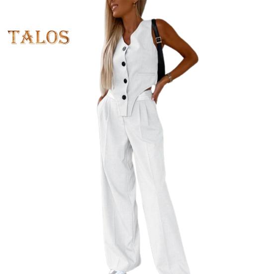 2 stk/sett Dame Toppbukser Dress Ermeløs V-hals Enkelsnappet Uregelmessig vest Elastisk Høy midje Bred Ben Bukser Ensfarge Formell OL