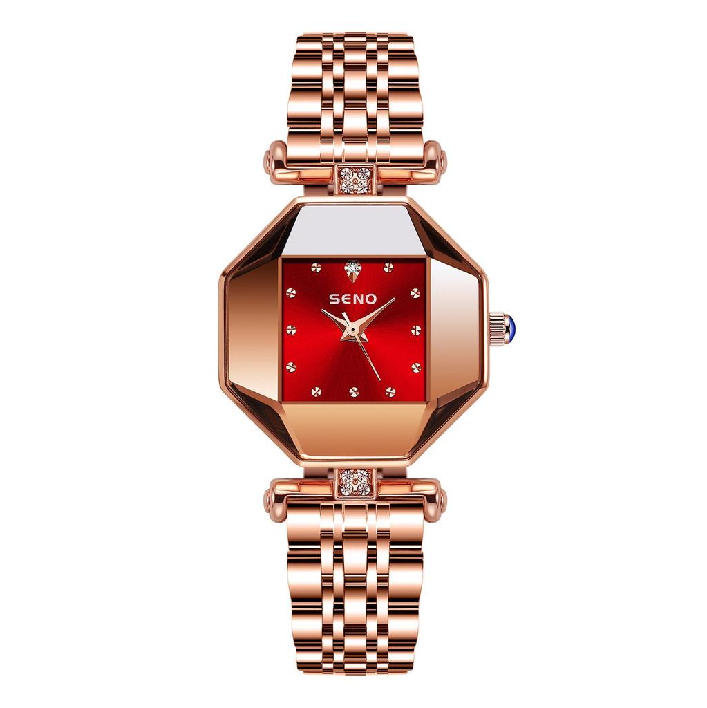 Elegant Women's Steel Band Wristwatch In Pomegranate Red, Champagne Gold & Green