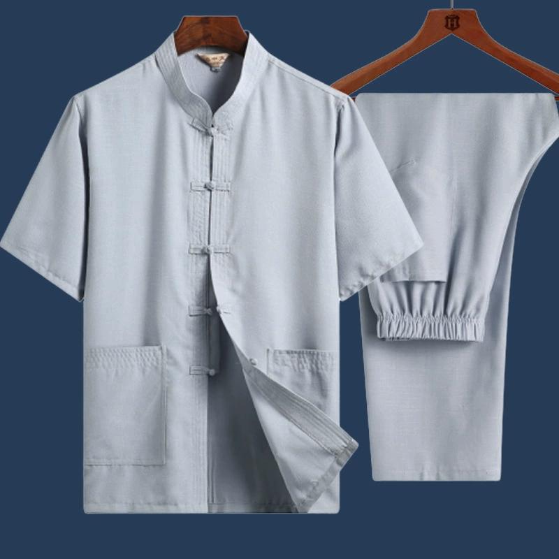 

Мужской костюм в китайском стиле, льняной костюм Тан, летний костюм с короткими рукавами в этническом китайском стиле ханьфу из хлопка и льна + брюки 165