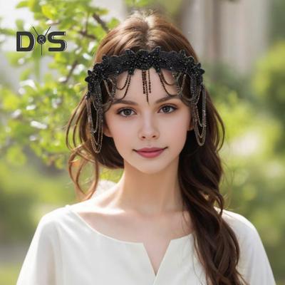 Women Headband Shiny Rhinestones Flower Shape Chain Tassel Hairband with Beads Decoration Bridal Hair Accessory