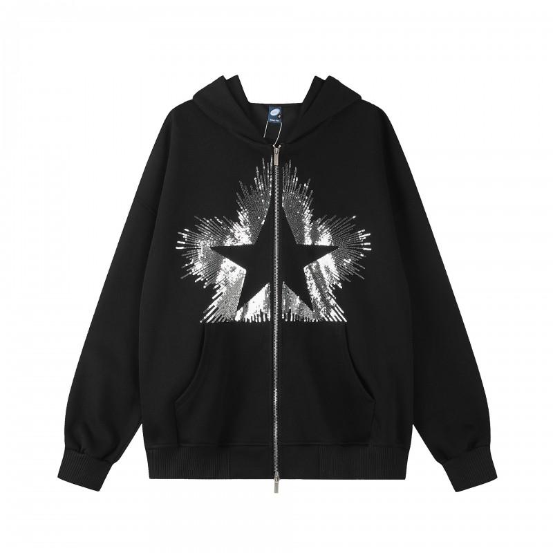 Unisex Oversized Hooded Zip-Up Sweatshirt Streetwear Vintage Sequin Loose Fit Cotton Blend Fall 2026