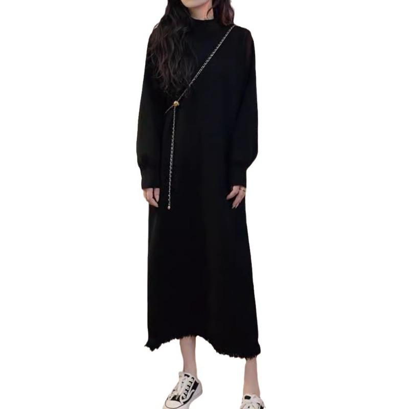 Autumn and Winter New Loose and Thin Knitted Dress Women's Fashion Simple Fringed Sweater Bottoming Dress