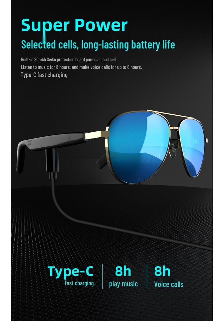 Óculos de Sol de Áudio Bluetooth Inteligentes Unissex com Bateria de Ultra Longa Duração e Bloqueio de Luz Azul