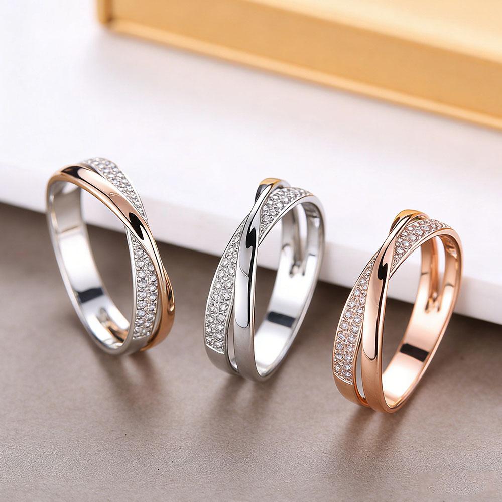 Two Tone Criss Cross Ring with Paved Cubic Zirconia, Intertwined Band Promise Ring for Women, Fashion Wedding Jewelry