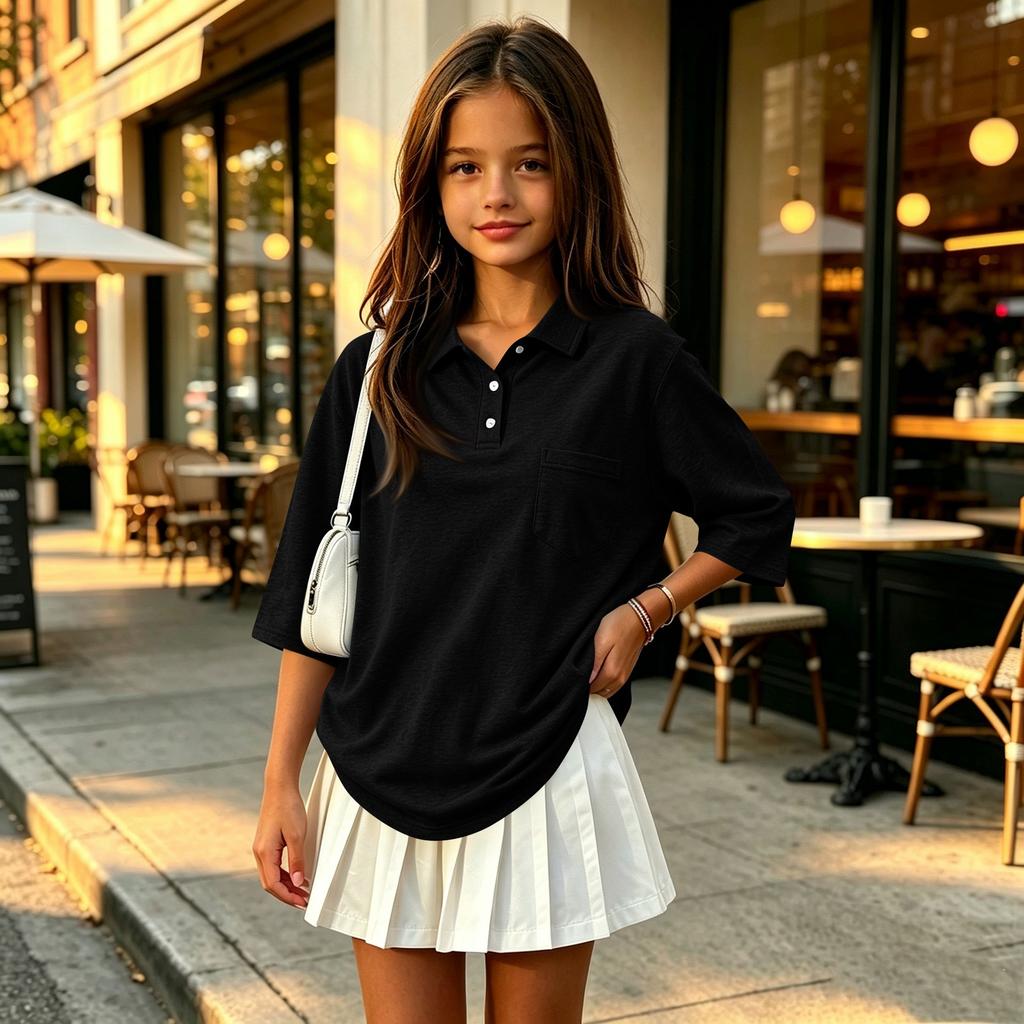 Children's Color 3/4 Sleeve Button Down Shirt with Collar and Side Slits, Casual Everyday Wear