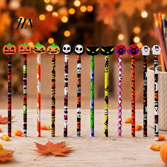 Pumpkin Pencils 12 Pcs Halloween with 3D Skull Ghost Cat Erasers, Smooth Writing Wood Bulk for Goodie Bags, School Classroom Rewards Supplies Seasonal