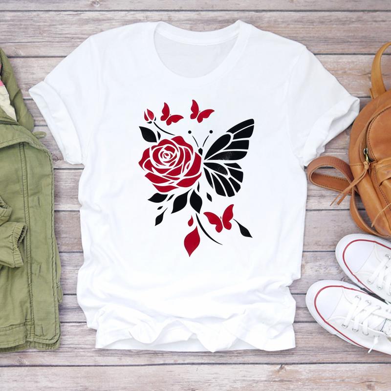 (Asian Size) style flower T Shirt Lady Female Top Short Sleeve T-shirts Casual Printed Clothing Women Fashion Graphic Tee