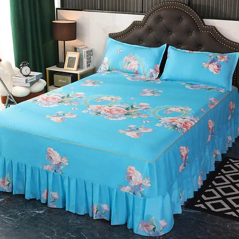 3 Pcs Classic Bed Skirt Princess Style Cotton Sheet Set Plain Bedspread for Bed Queen King Size Bed Cover with Pillowcases