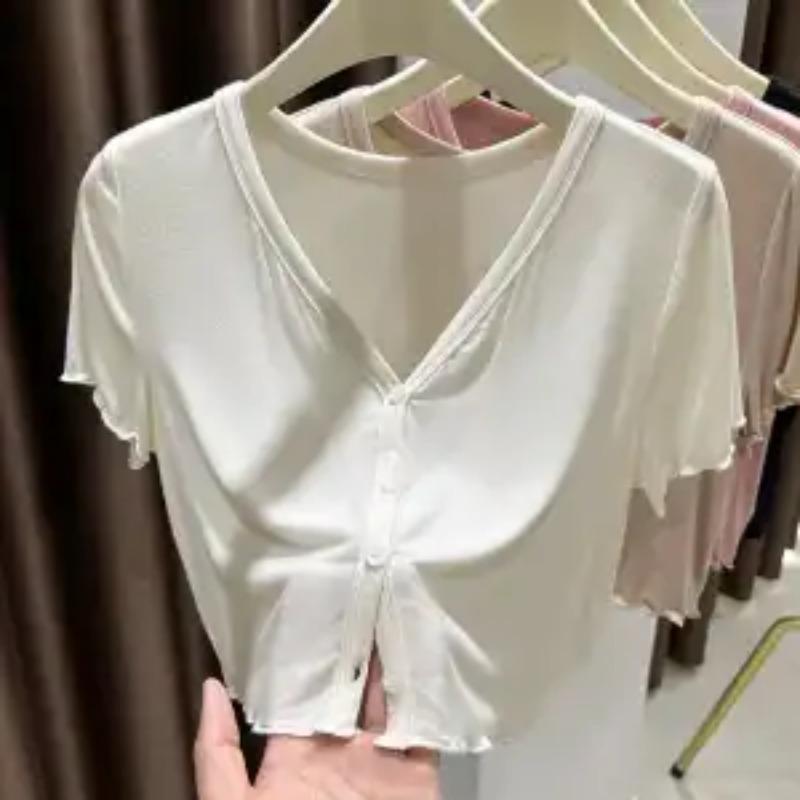 Women Summer White V Neck Button Down Ruffle Hem Crop Top S белый