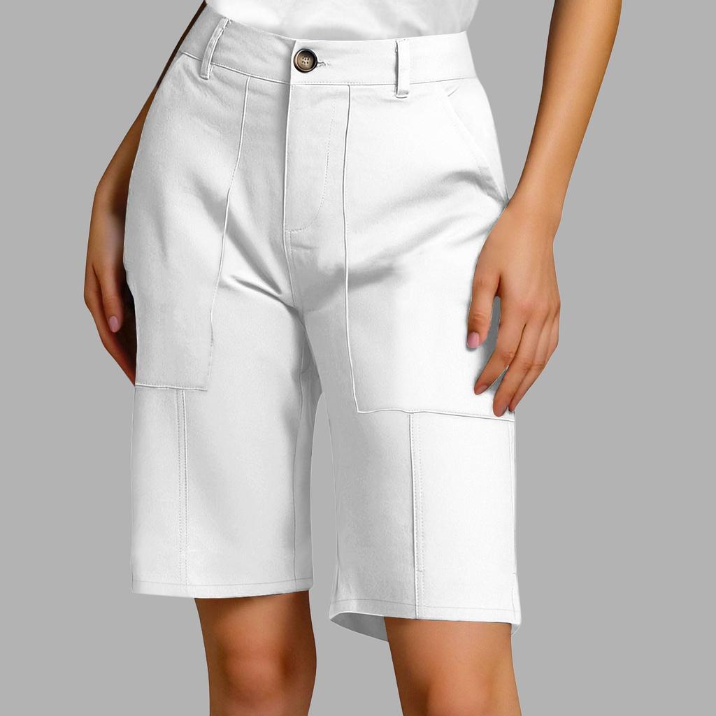 Women's Summer Casual Fashionable Loose And Comfortable Knee High Waisted Elastic Band Pocket Shorts