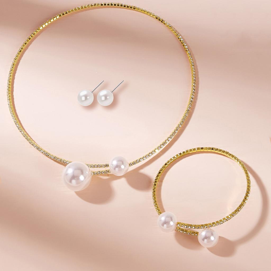 Joyería, Juego de Collar de Cadena para Clavícula Simple, Pendientes y Pulsera, Tamaño Completo de Diamante Perla Collar Abierto para Mujer