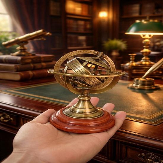12.7 Cm Brass Armillary Sphere Globe On Wooden Base Nautical Desk Decor Christmas Father’s Day Gift