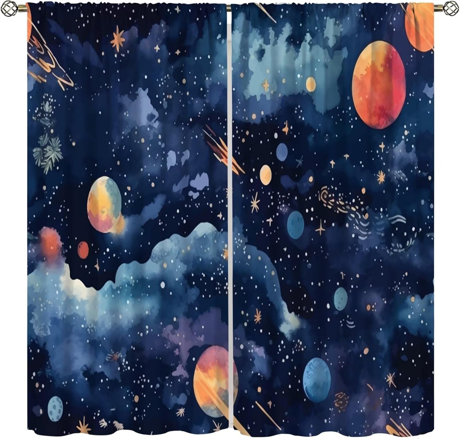 Outer Space Galaxy Curta, Boys Kids Cartoon Universe Planets Thermal Insulated Printed Rod Pocket Window Drapes For Living 53x116CM-2PC